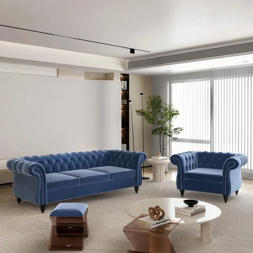 Miniatura 10 de QHITTY Juego de 2 piezas para sala de estar, Sofá Seccional Chesterfield Silla Contemporáneo Tapizado de Terciopelo Loveseat Juego de Sofás