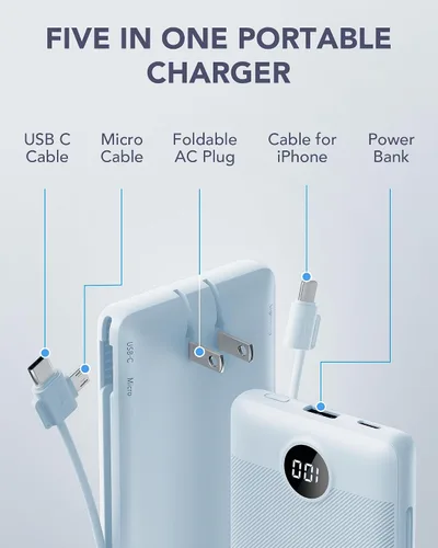 Miniatura 3 de VRURC - Cargador portátil con cables integrados y enchufe de pared AC, banco de energía USB C de 10000 mAh, cargador de teléfono compacto y ligero
