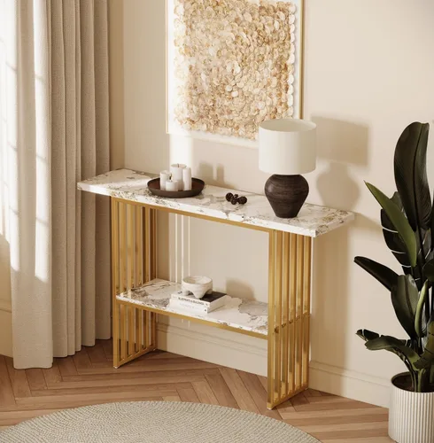 Miniatura 8 de Mesa consola de 43.3 pulgadas con patas de metal entrelazadas doradas, mesa de entrada decorativa negra y dorada, 43.31 x 11.69 x 31.5 pulgadas