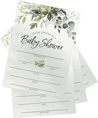 Miniatura 5 de Printed Party Invitaciones y sobres para baby shower, eucalipto verde, juego de 30