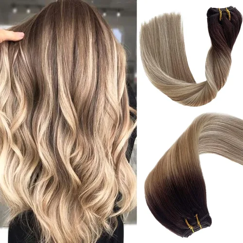 Miniatura 18 de Extensiones de trama de cabello humano real, para coser, con mechas rubias, cabello Remy marrón cenizo mezclado con rubio platino, atado a mano - 14
