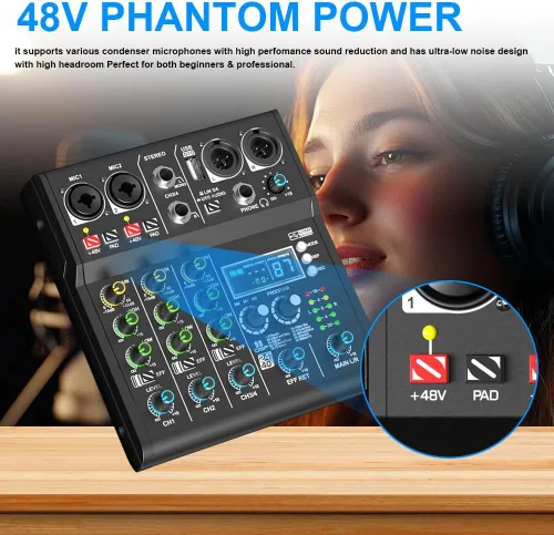 Miniatura 4 de XR-4 Negro Mezclador DJ Profesional de 4 Canales con DSP Integrado 99 Sonidos + Bluetooth 5.0 USB Grabación Karaoke Rendimiento en Vivo Diseño