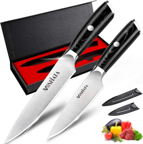 Miniatura 18 de MOSFiATA - Cuchillo de chef profesional súper afilado de 8 pulgadas con protector de dedos y sacapuntas, acero inoxidable alemán de alto carbono