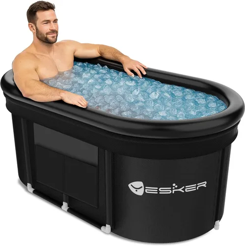 Yesker Bañera de Baño de Hielo Ovalada de 110 Galones con Anillo de Aire, Bañera de Inmersión Fría Portátil Multicapa con Tapa para Atletas,