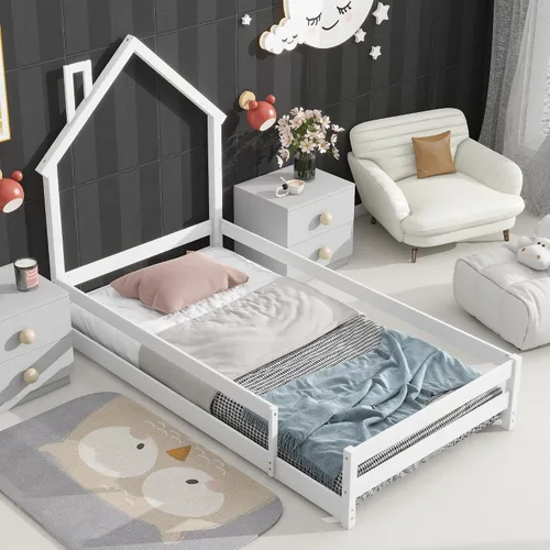 Miniatura 3 de Cama de madera de tamaño individual con cabecera en forma de casa con vallas, altura baja al suelo, para dormitorio de niños y niñas (azul claro-01)