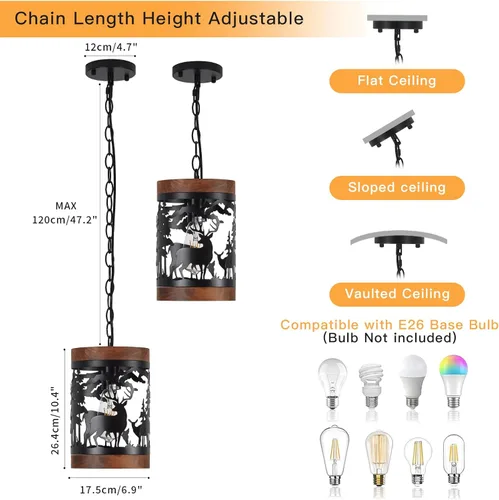 Miniatura 2 de Lámpara colgante rústica de ciervo, 1 lámpara de araña de madera y metal de granja, lámpara de techo colgante ajustable para isla de cocina