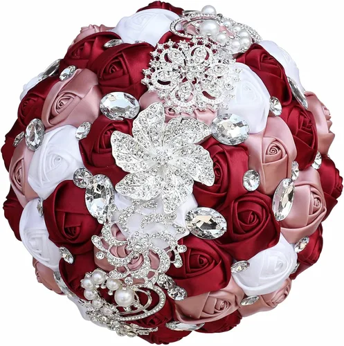 Miniatura 6 de XINNI Broche de oro de lujo de 8 pulgadas, ramo de boda nupcial para novia, dama de honor, ramo de rosas de satén con perlas, color negro y gris