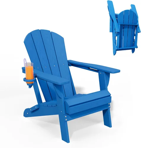 Miniatura 19 de Silla plegable Adirondack con portavasos, juego de 2, sillas de plástico HDPE para exteriores, resistentes a la intemperie, aspecto de madera real