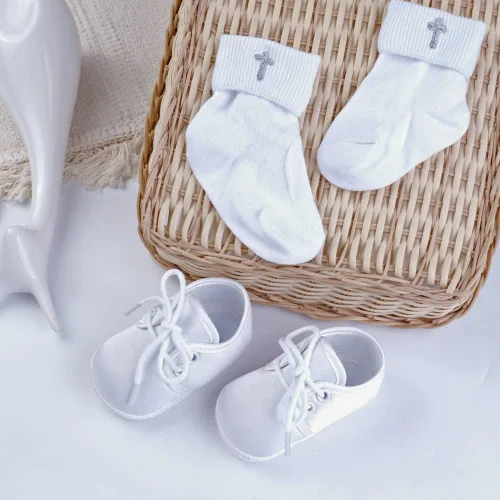 Miniatura 4 de Booulfi Conjunto de botines y calcetines para bebés recién nacidos para bautizo