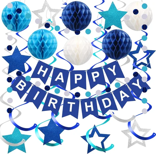 Miniatura 10 de Decoraciones de cumpleaños negras y doradas, pancarta de feliz cumpleaños con estrellas negras y doradas, serpentinas colgantes de espiral, bolas
