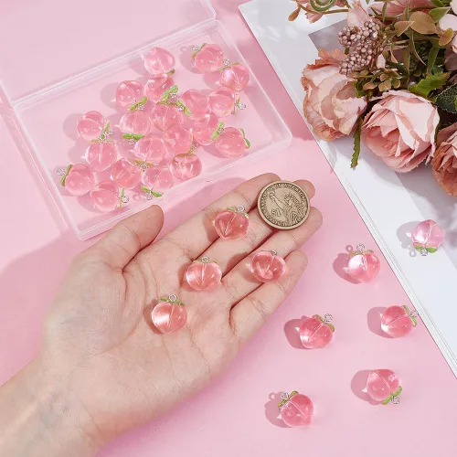 Miniatura 3 de OLYCRAFT 30 colgantes de durazno de resina transparente, colgante de fruta, dije de melocotón rosa con lazo 3D melocotones colgante colgante