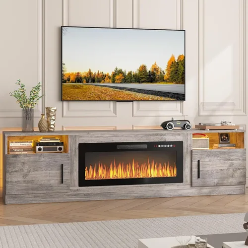 Miniatura 12 de PUKAMI Soporte de TV con chimenea de 18 pulgadas para sala de estar, centro de entretenimiento de 58 pulgadas con luces para las patas, gabinete