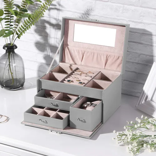 Miniatura 2 de BEWISHOME Jewelry Box, 20 Section Jewelry Organizer Box for Earrings,Rings,Necklaces,Cufflinks,Pendants Grey, Birthday Gift for Women,Women