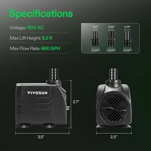Miniatura 2 de VIVOSUN Bomba sumergible de 660GPH, bomba de acuario de 2500L/H 35W, bomba de fuente ultra silenciosa con 8.2 pies/2.5m de elevación alta