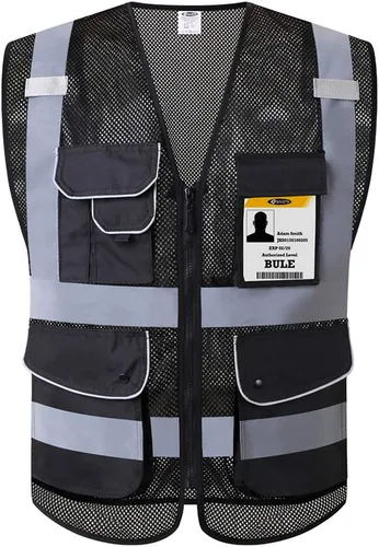 Miniatura 40 de JKSafety Chaleco de seguridad frontal con cremallera de alta visibilidad de 9 bolsillos de color dual MESH Lite Tira reflectante con ribete