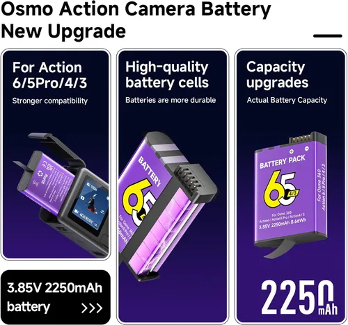 Miniatura 4 de Batería de 2250 mAh para Osmo Action 6, 2 baterías de repuesto, compatible con Osmo 360, Osmo Action 6, Osmo Action 5 Pro, Osmo Action 4, Osmo