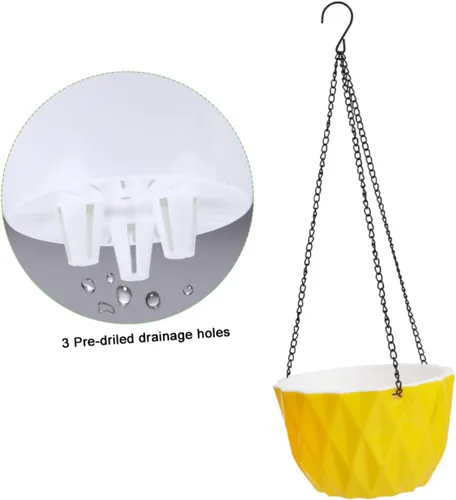 Miniatura 9 de Yardwe Maceta colgante para exteriores, maceta de riego automático amarilla, cuenco de plástico a prueba de óxido, cadena triangular estable
