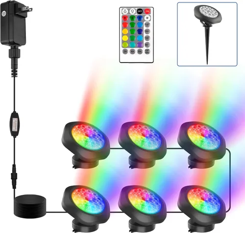 Miniatura 9 de RGBW - Luces de estanque, 18 luces LED superbrillantes sumergibles sumergibles bajo el agua, control remoto de 98 pies, IP68, impermeables, focos