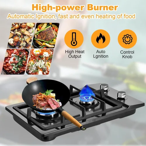 Miniatura 4 de Estufa de gas de 20 pulgadas, estufa de propano de 2 quemadores, placa de cocina de gas integrada de doble propósito de GN/GLP con panel de acero