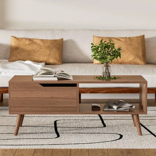 Miniatura 3 de DIYART Mesa de centro marrón, mesa de centro moderna de mediados de siglo con cajón y estante, mesa consola simple de madera de 39 pulgadas