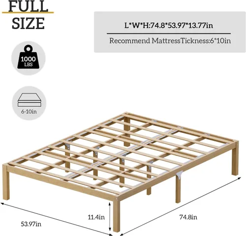 Miniatura 2 de Marco de cama de bambú tamaño completo con plataforma de madera sólida estable con listones antideslizantes, soporte para cama alta, no necesita