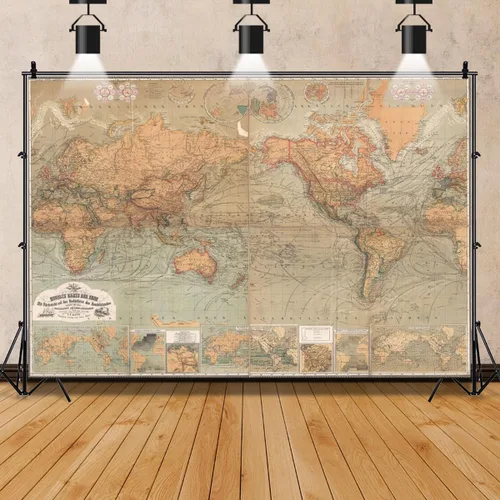 Miniatura 5 de AOFOTO Telón de fondo de fotografía de mapa del viejo mundo de 7 x 5 pies, estilo vintage, retro, mapa náutico del mundo, fondo marrón antiguo