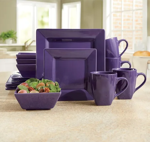 Montgomery Ward Juego de vajilla cuadrada púrpura elegante de 16 piezas para 4 – Moderno juego de platos y cuencos de cerámica (morado)