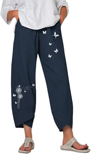 Miniatura 34 de Pantalones Capri de Lino de Algodón para Mujer 2025, Pantalones Palazzo Recortados Casuales con Estampado, Cintura Elástica, Pantalones Holgados