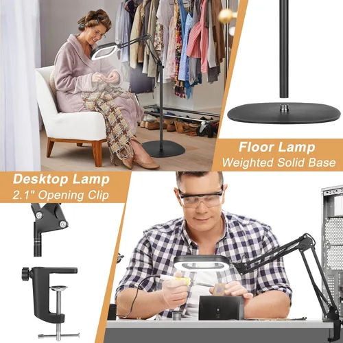 Miniatura 6 de IVMAIE Lupa 10X con luz y soporte, lámpara de pie con lupa 3 en 1 con abrazadera, 5 modos de color LED regulable lupa de pie con luz manos libres