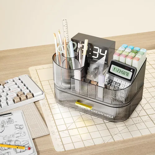Miniatura 9 de Delamu Organizador de maquillaje para tocador con cajones apilables, soporte giratorio de 360º para brochas de maquillaje, vitrina grande