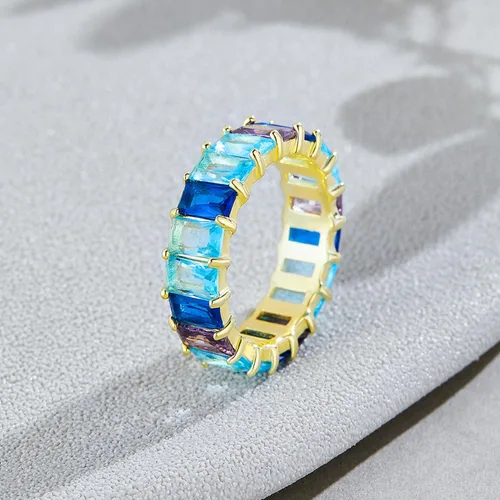 Miniatura 2 de Anillo de eternidad con piedras preciosas creadas AAA de corte esmeralda, chapado en oro amarillo de 18 quilates