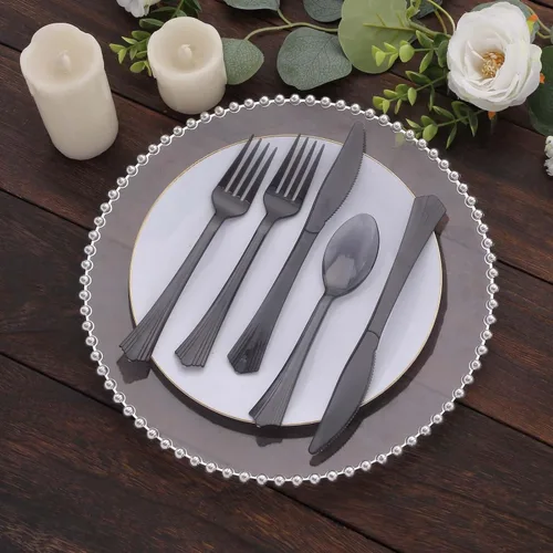 Miniatura 9 de Efavormart - Juego de 24 cubiertos de plástico transparente negro resistente con mango de punta acampanada, cuchara de tenedor desechable