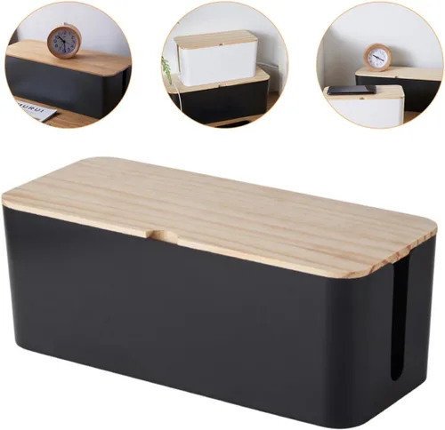 Miniatura 8 de Toyvian Cable Storage Box Power Line Manager with Natural Wood Lid, Medium Black Charging Cable Organizer for Home and Office Cord Management