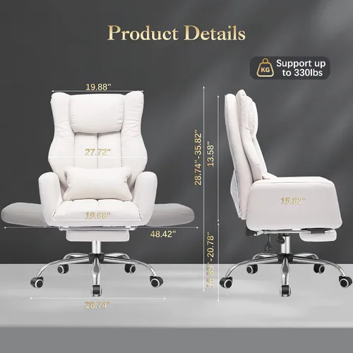 Miniatura 2 de Silla de oficina ejecutiva de respaldo alto con reposapiés, piel sintética reclinable, soporte lumbar, estilo entrecruzado, reclinación de 155° Beige