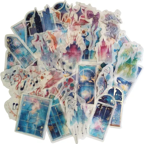 Kawaii - Adhesivo de aluminio plateado con cielo estrellado a través de la ventana, castillo de ensueño, luz de estrella, notas musicales,