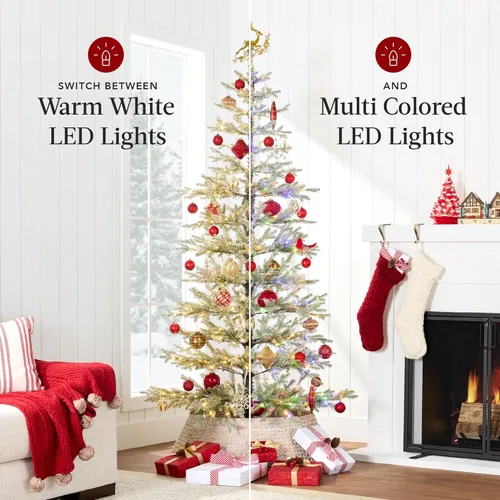 Miniatura 4 de Best Choice Products Árbol de Navidad preiluminado de 9 pies, pino flocado artificial, decoración navideña, abeto noble de álamo, luces LED blancas