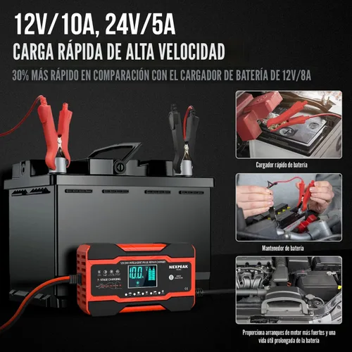 Miniatura 2 de NEXPEAK NC201 - Cargador de batería de 10 amperios, cargador inteligente de goteo de 12 V, 24 V, cargador de batería de automóvil, desulfatador