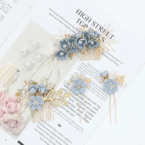 Miniatura 7 de inSowni - Juego de 20 peines laterales elegantes de color azul polvoriento con flores para novias, accesorios para el cabello para bodas, pinzas
