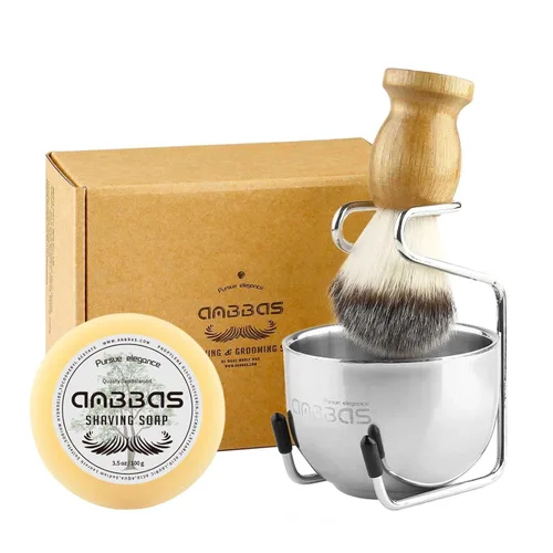 Miniatura 10 de Kit de afeitado Anbbas con brocha de cerdas de tejón puro, mango de madera negra y barra de jabón recargable de 100g, soporte de afeitado de acero