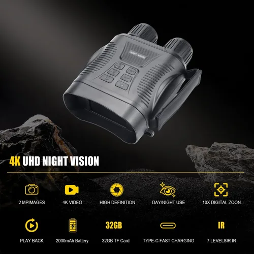 Miniatura 4 de Gafas de visión nocturna – Prismáticos de visión nocturna 4K para adultos con tarjeta TFT de 32 GB 2700 pies IR/2000 mAh, pantalla HD de 2.8