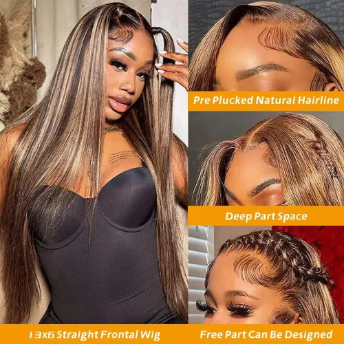Miniatura 2 de TTSMINS 13x6 Pelucas de encaje frontal degradado para mujeres de cabello humano, densidad 180, color 4/27, resaltado, HD, transparente, 20 pulgadas