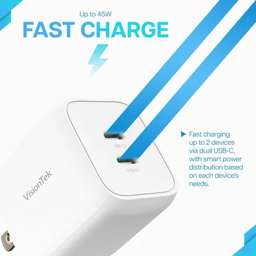 Miniatura 3 de VisionTek GaN II - Cargador rápido de pared de 45 W, puertos USBC duales, 2 veces USB-C, compatible con MacBook Air, iPad, iPhone, Galaxy, Steam