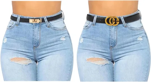 Miniatura 47 de Cinturón de cuero clásico con hebilla de metal para mujer con vestido de jeans
