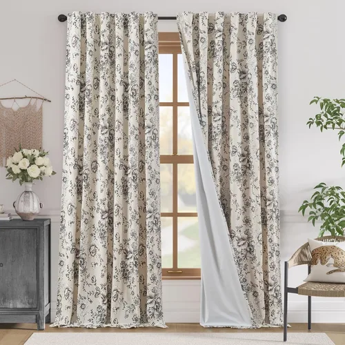 Miniatura 77 de Jinchan Cortinas de Mezcla de Lino con Estampado Floral para Sala de Estar, 84 Pulgadas de Largo, Cortinas con Bolsillo para Varilla y Tab Trasera