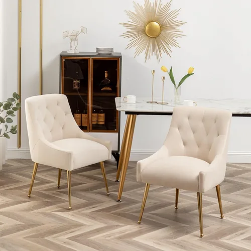 Miniatura 2 de Juego de 2 sillas de comedor, sillas de comedor modernas de terciopelo con patas doradas, elegantes sillas decorativas acolchadas para recepción