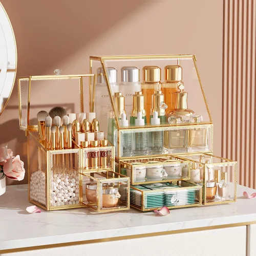 Miniatura 9 de CoralHouse Organizador de maquillaje ámbar, organizador de tocador de vidrio para cuidado de la piel, lápices labiales, perfumes, brochas