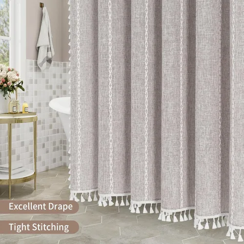 Miniatura 6 de MitoVilla - Juego de cortina de ducha de tela de granja gris, cortinas de ducha de poliéster y lino modernas estilo bohemio para decoración de baño