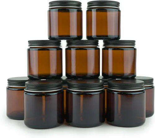 Miniatura 10 de Tarro de vidrio ámbar de 1 onza – 12 paquetes, tarros redondos vacíos sin plomo para productos de belleza, loción y polvos – Tapa negra – Tarros