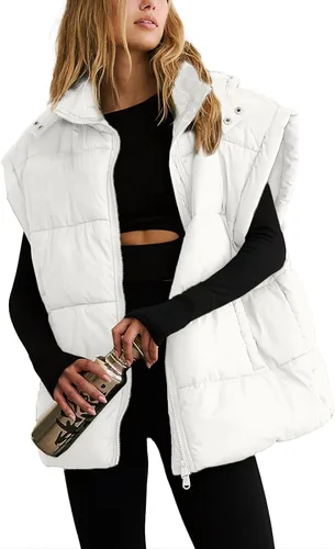 Miniatura 43 de Shiyifa Chaleco acolchado para mujer, chaqueta de gran tamaño, sin mangas, ligera, con cremallera, con capucha desmontable