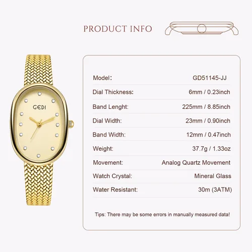 Miniatura 4 de Reloj de oro para mujer con esfera de diamante artificial, pulsera de acero inoxidable, movimiento de cuarzo, resistente al agua para la oficina